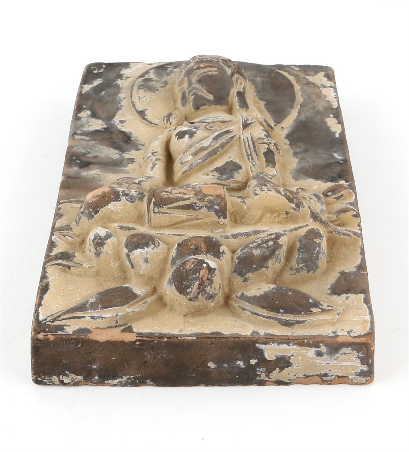 An unglazed terracotta tile with traces of polychrome decoration of a Guanyin, possibly Tang - Image 2 of 7