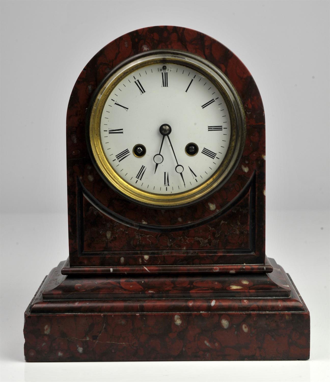 French rouge griotte marble mantel clock, late 19th Century, of arched form, on stepped moulded - Image 2 of 6