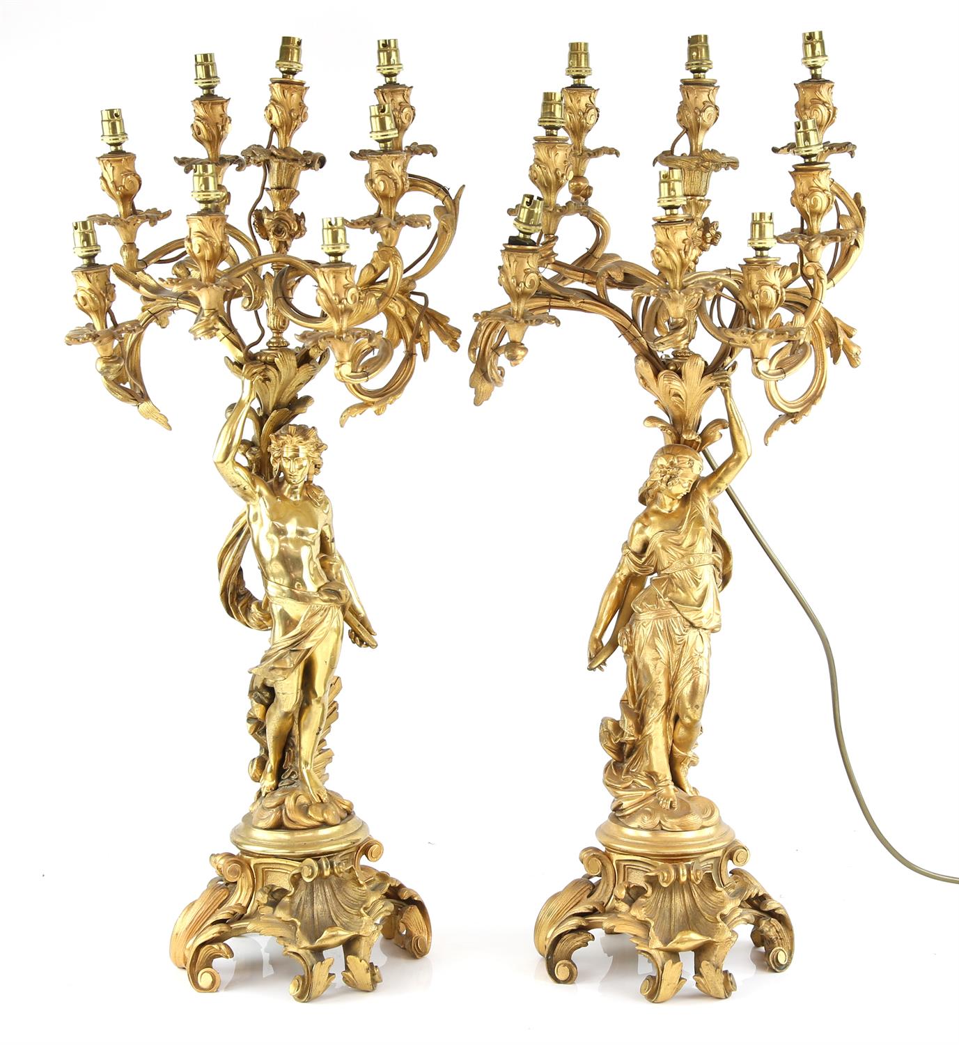 Pair of Napoleon III gilt bronze figural candelabra, stamped H. Picard, each with eight later