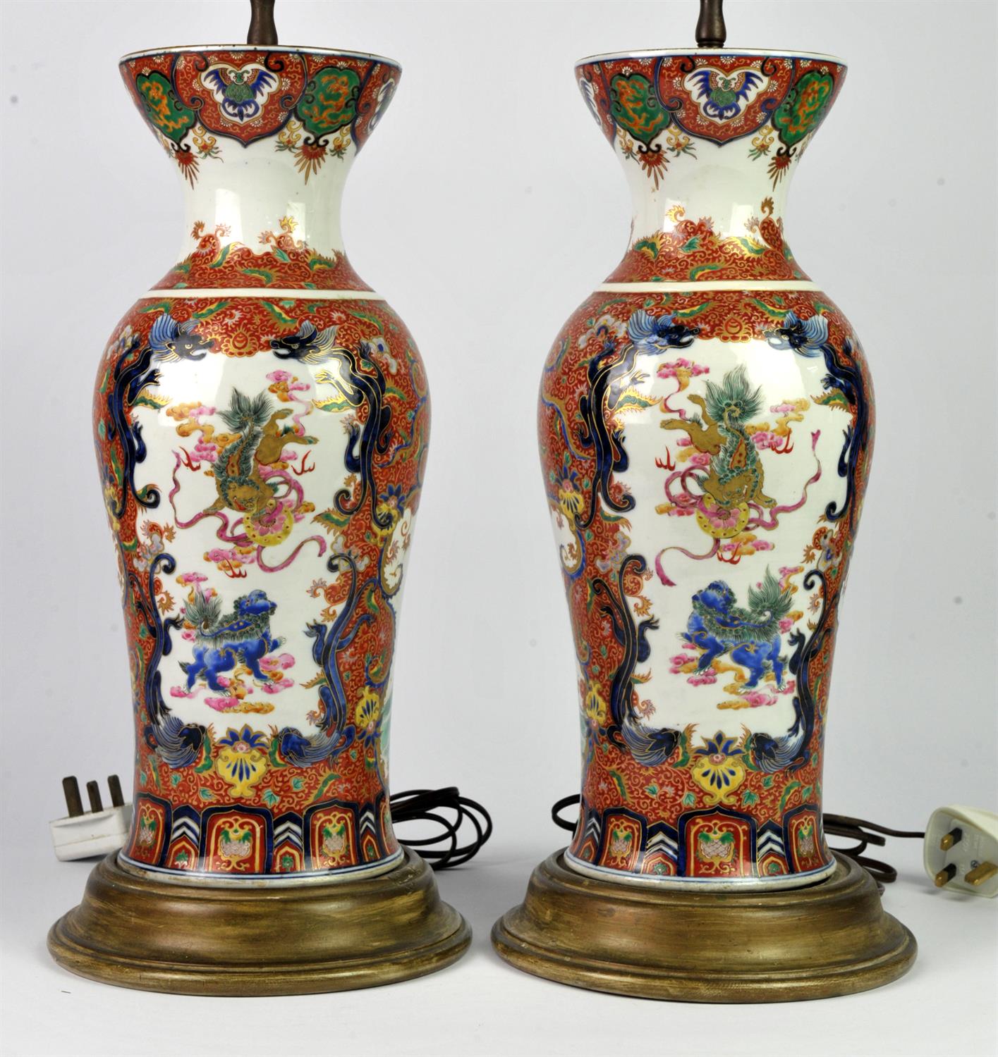 Pair of Chinese vases painted and enamelled with panels of a dragon flying above the ocean and - Image 2 of 3