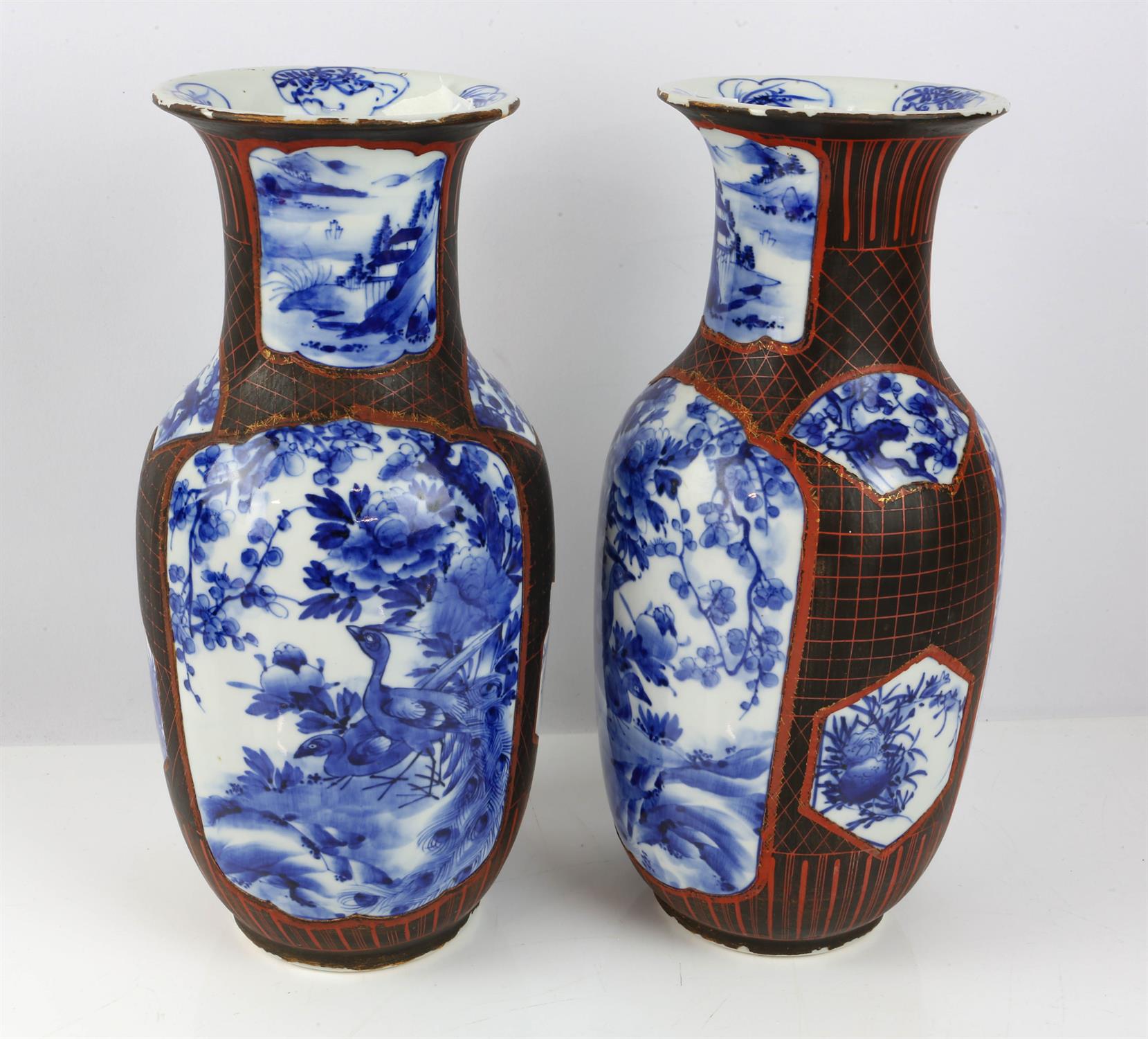 Pair of Japanese lacquered vases, Meiji period, the slender ovoid bodies decorated in underglaze - Image 2 of 5