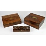 A rosewood and brass inlaid writing box, 19th Century, fitted to the interior with bottles and