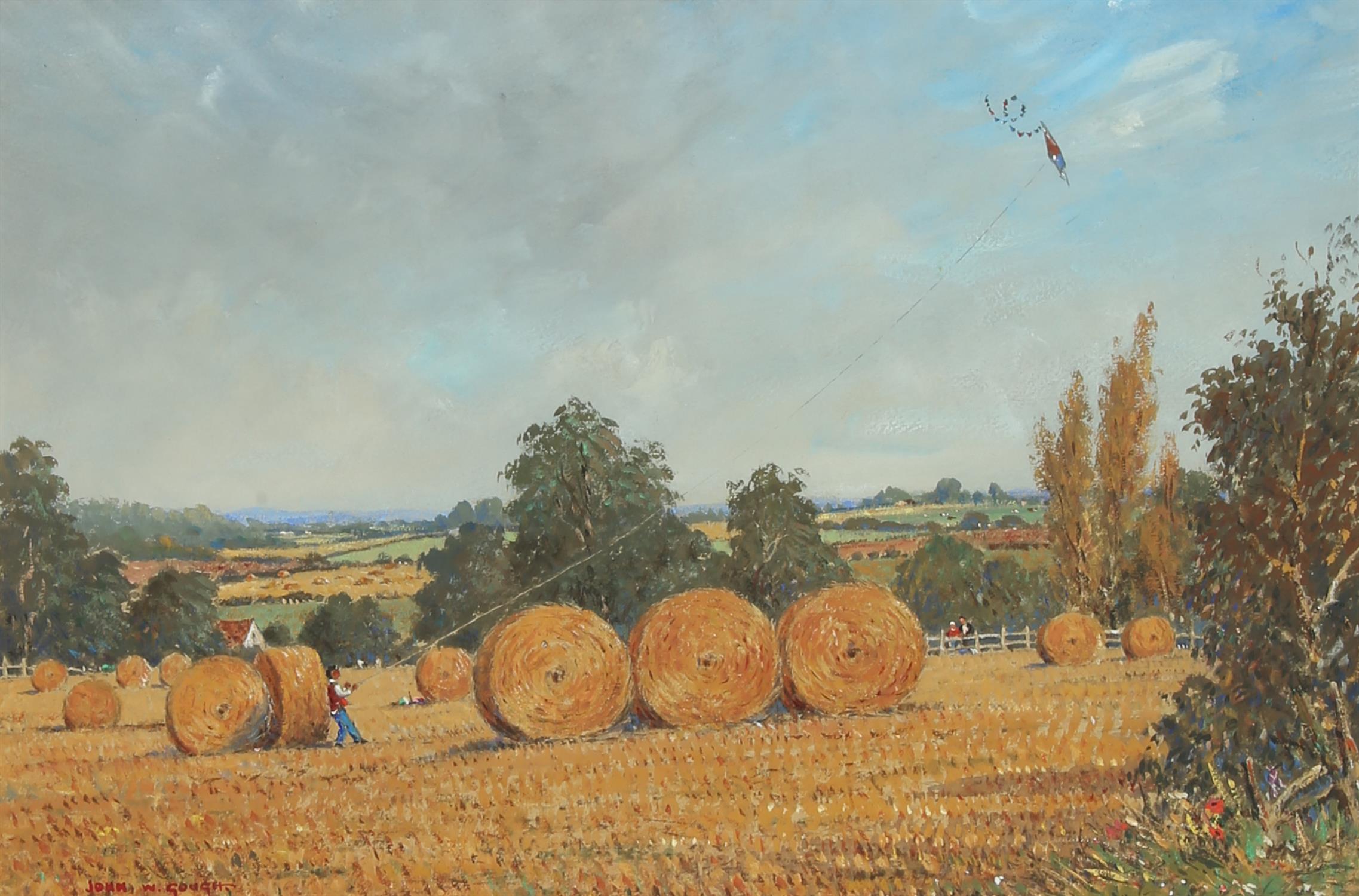 John W. Gough (British, twentieth century), landscape with hay bales, gouache, signed lower left,