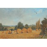 John W. Gough (British, twentieth century), landscape with hay bales, gouache, signed lower left,