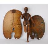 Artist's wooden lay figure, H 56cm, with two wooden artist's palettes. (3)