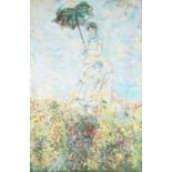 After Claude Monet.  Woman with a parasol. Oil on board, twice initialled AB lower right.