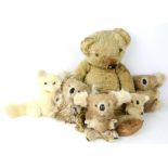 Vintage 1930's teddy bear, possibly Steiff but lacking button, four modern Koala soft toys and a