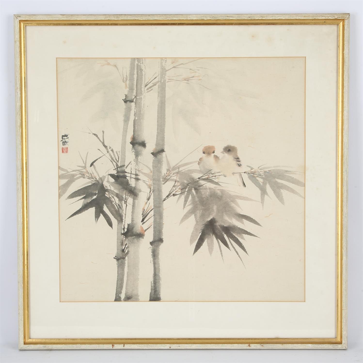 Chinese print of two sparrows perched on bamboo, red seal mark, 45 x 45cm,