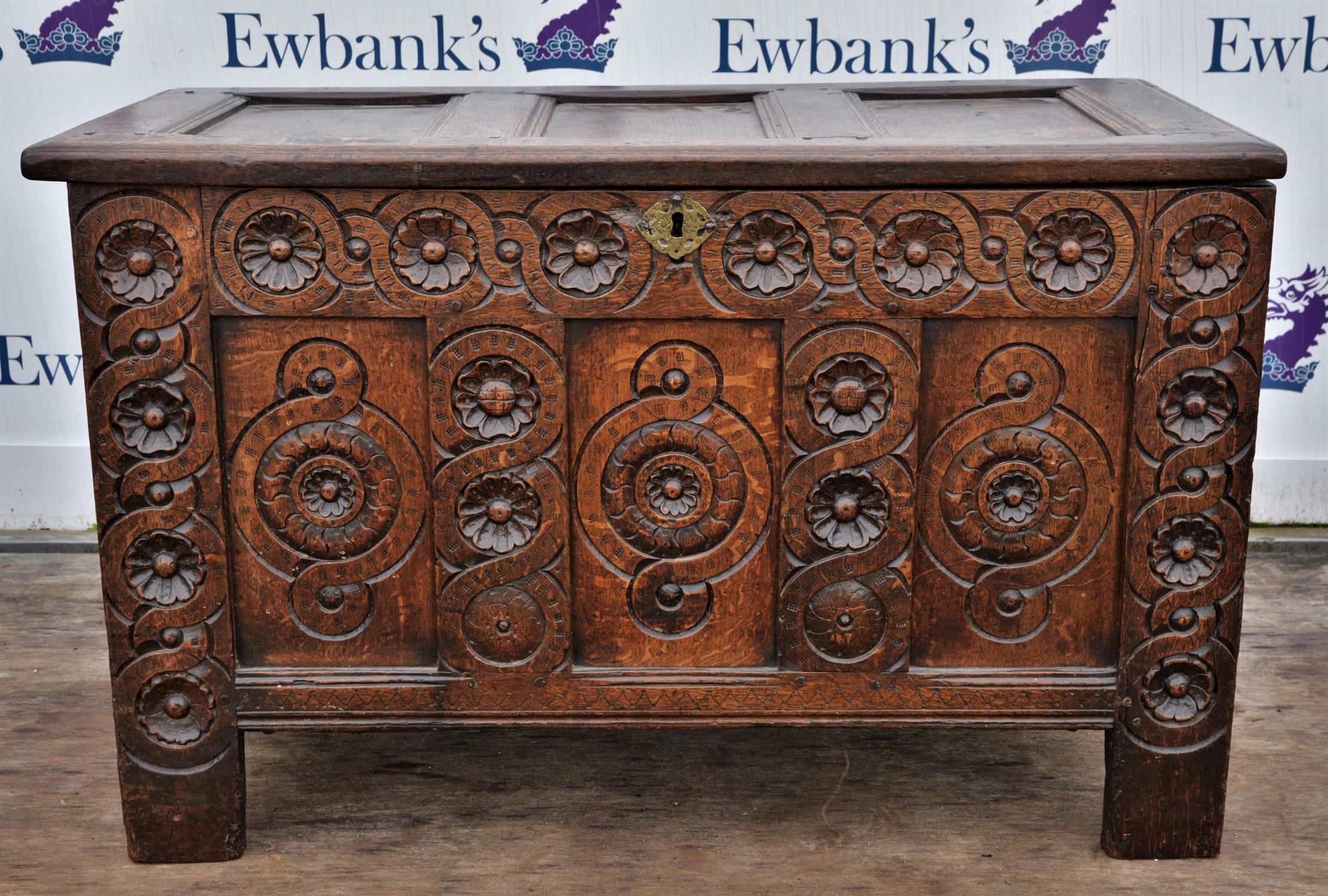 Oak chest, late 17th/early 18th Century, possibly later carved to the facade with geometric designs,