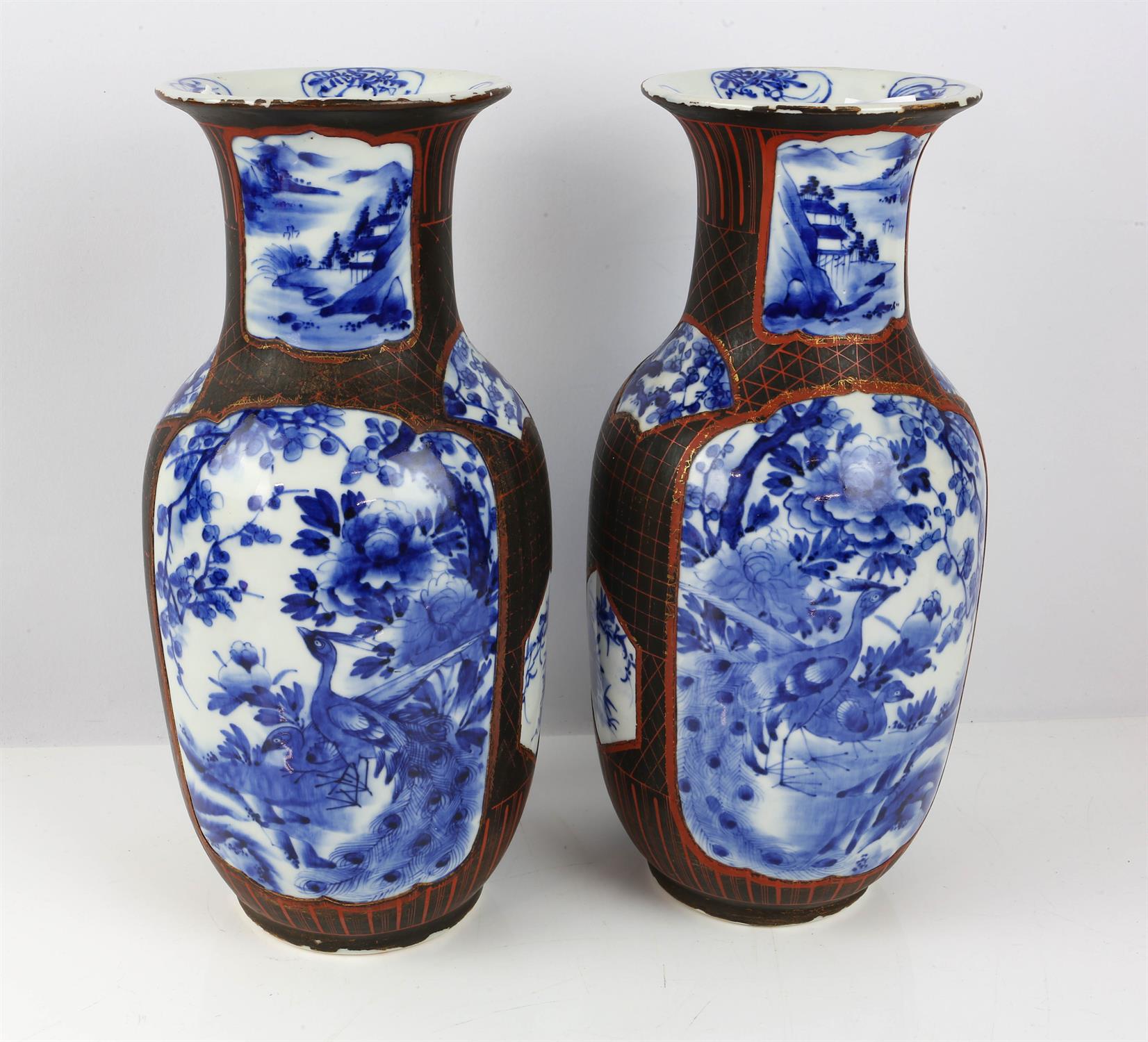Pair of Japanese lacquered vases, Meiji period, the slender ovoid bodies decorated in underglaze - Image 3 of 5