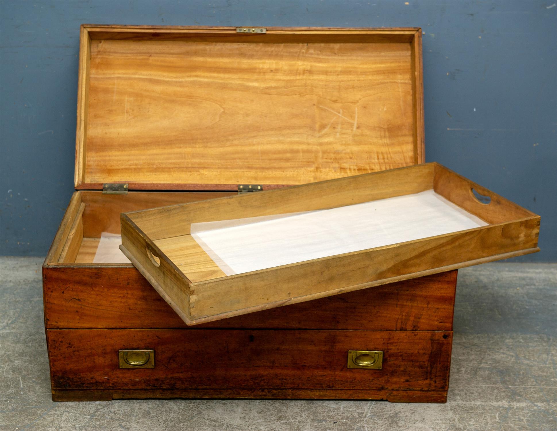 19th century camphorwood campaign chest with lift-out section and single drawer, brass mounts and - Image 2 of 4