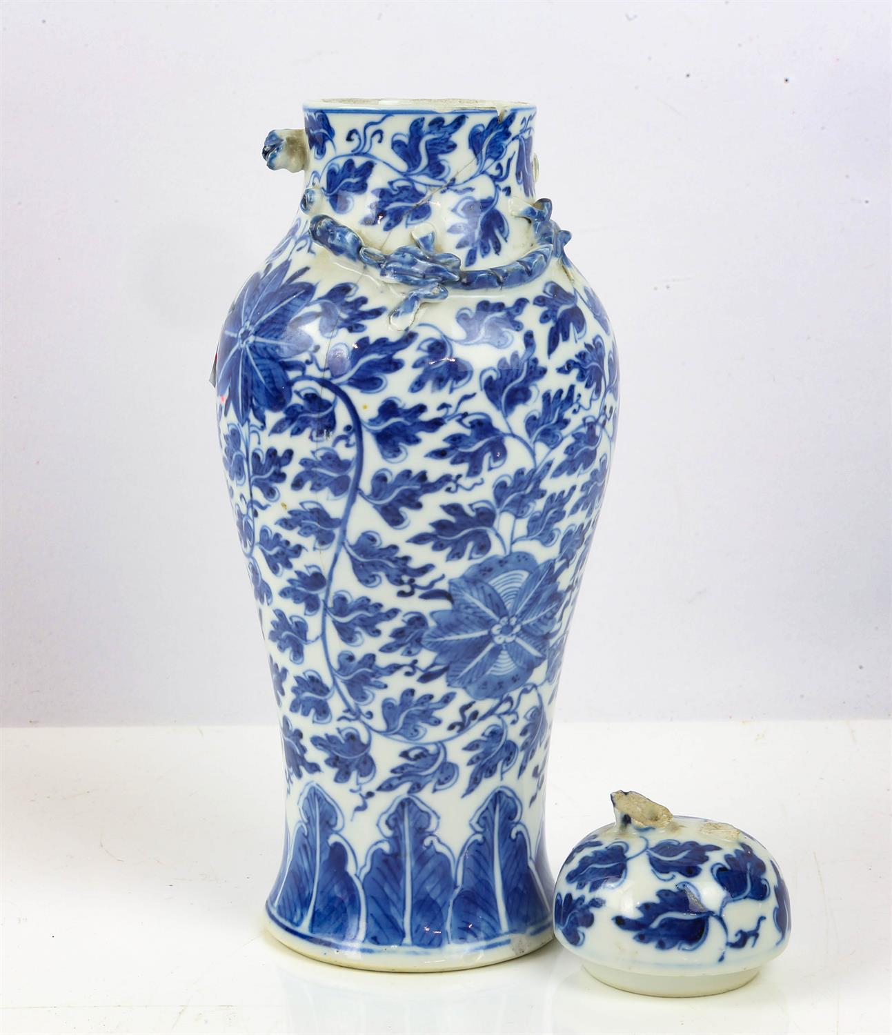 Chinese blue and white vase and cover of baluster form, with applied lizards and flowers and - Image 7 of 9