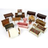 20th century dolls house furniture, to include a red plastic three piece suite, wooden roll top