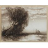 William Hyde (British, 1859-1925), marsh landscape, sepia wash on paper laid to board,