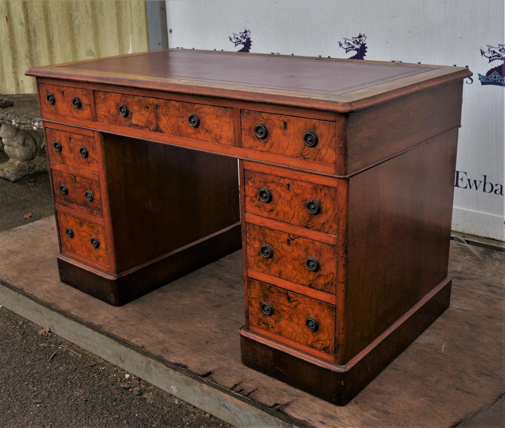 Victorian walnut pedestal desk, the top with red inset leather surface, above three frieze drawers, - Image 4 of 4