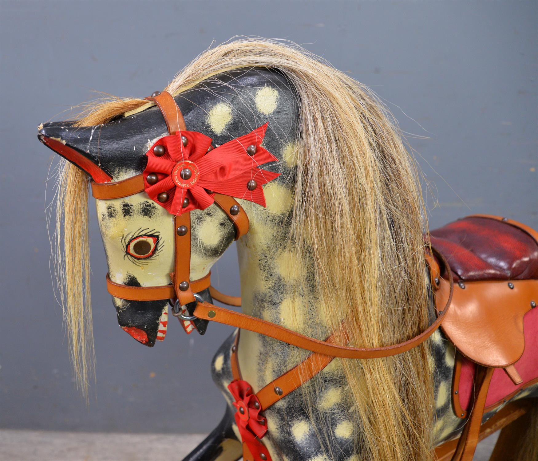 Children's dappled grey rocking horse, 20th Century, with a leather saddle and stirrups, - Image 3 of 5