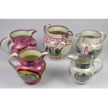 Five Sunderland Lusterware jugs of varying size, decoration includes Friendship etc,