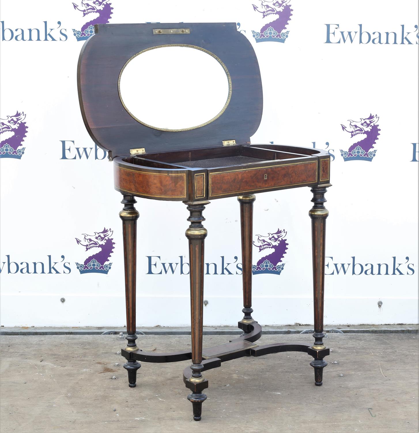 19th century French amboyna and ebonised dressing table, with brass inlay, the hinged top with - Image 2 of 3