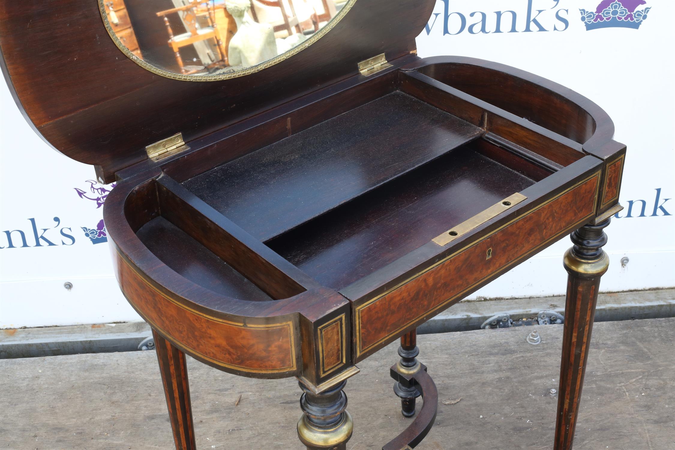 19th century French amboyna and ebonised dressing table, with brass inlay, the hinged top with - Image 3 of 3