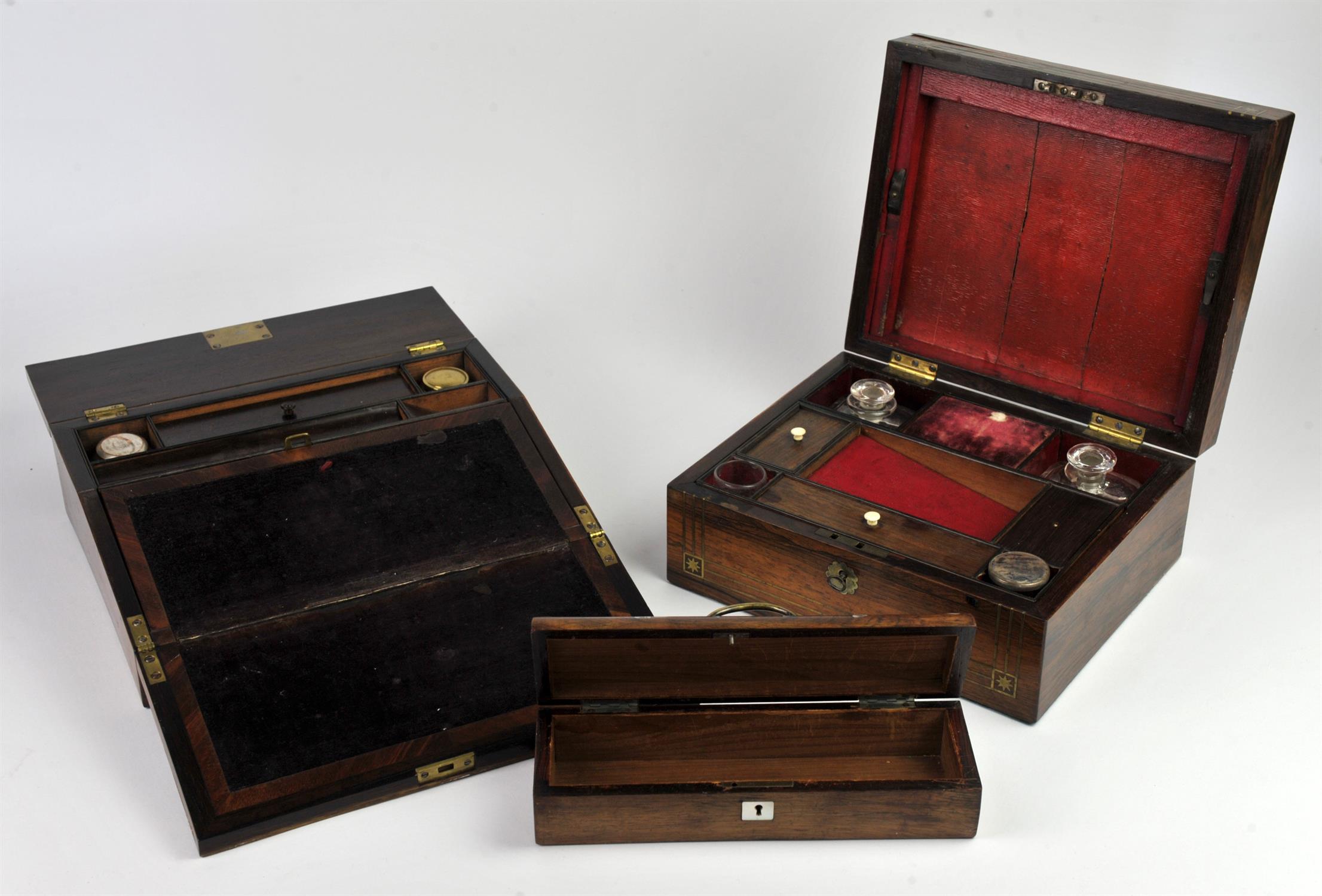 A rosewood and brass inlaid writing box, 19th Century, fitted to the interior with bottles and - Image 2 of 6