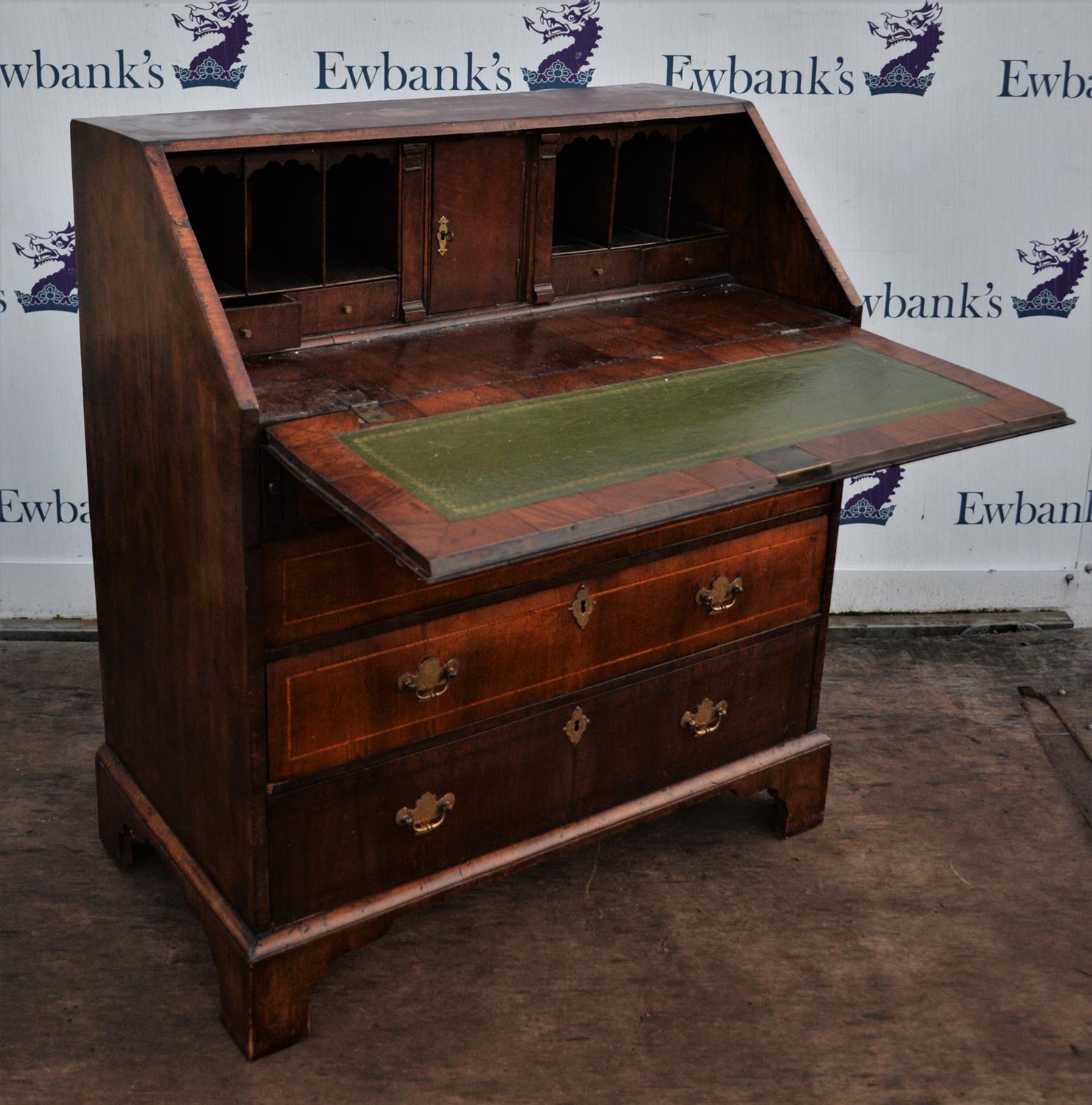 George III walnut bureau, with fall flap enclosing an arrangement of cupboards and pigeon holes, - Image 3 of 4