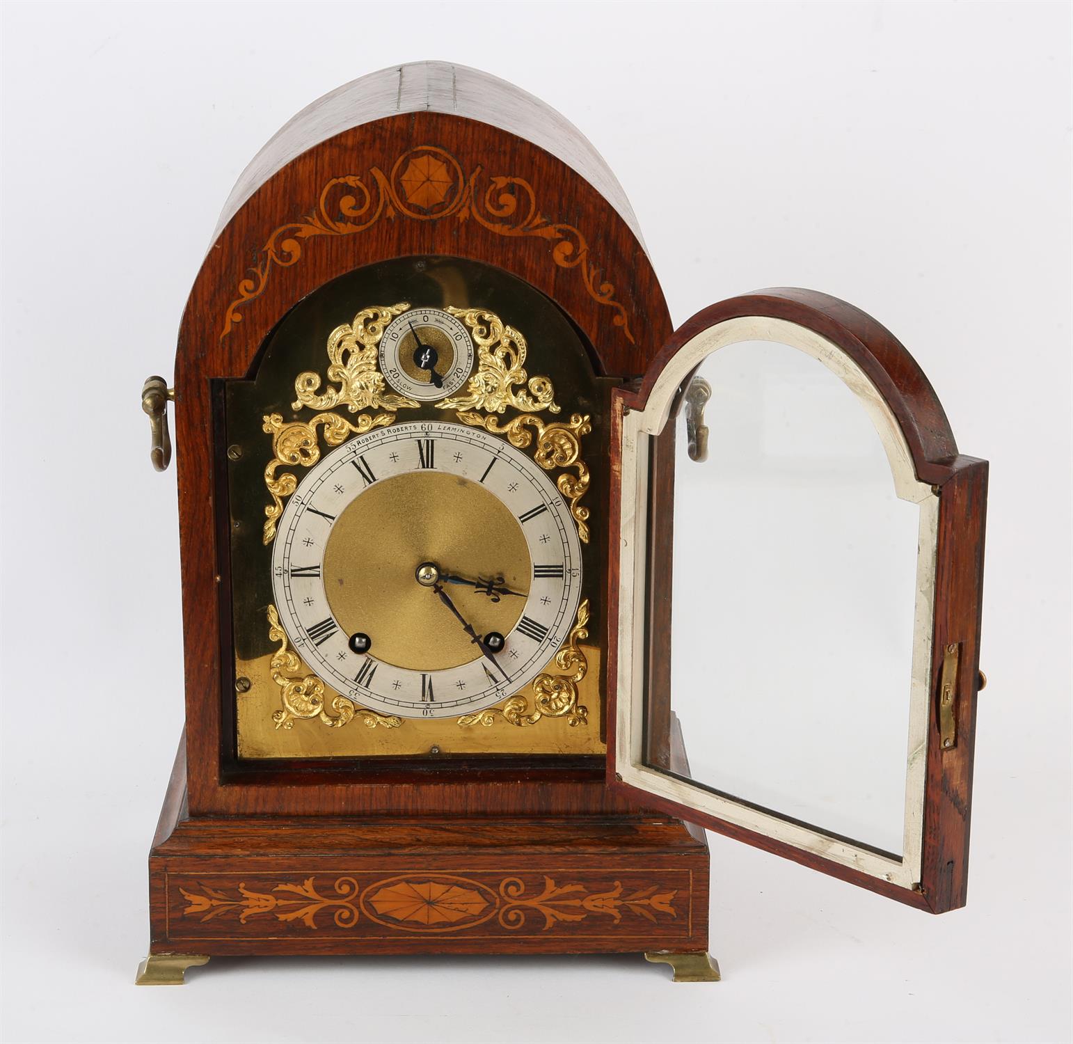 19th century rosewood cased and satinwood inlaid twin train barrel driven mantel clock, - Image 2 of 3