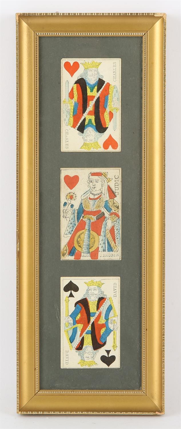 French 18th century, 3 hand coloured playing cards, the King + Queen of Hearts, the King of Spades.