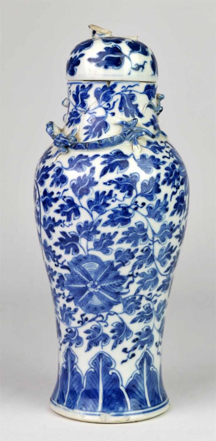 Chinese blue and white vase and cover of baluster form, with applied lizards and flowers and - Image 3 of 9