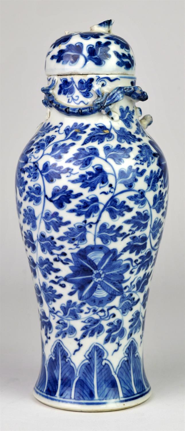 Chinese blue and white vase and cover of baluster form, with applied lizards and flowers and