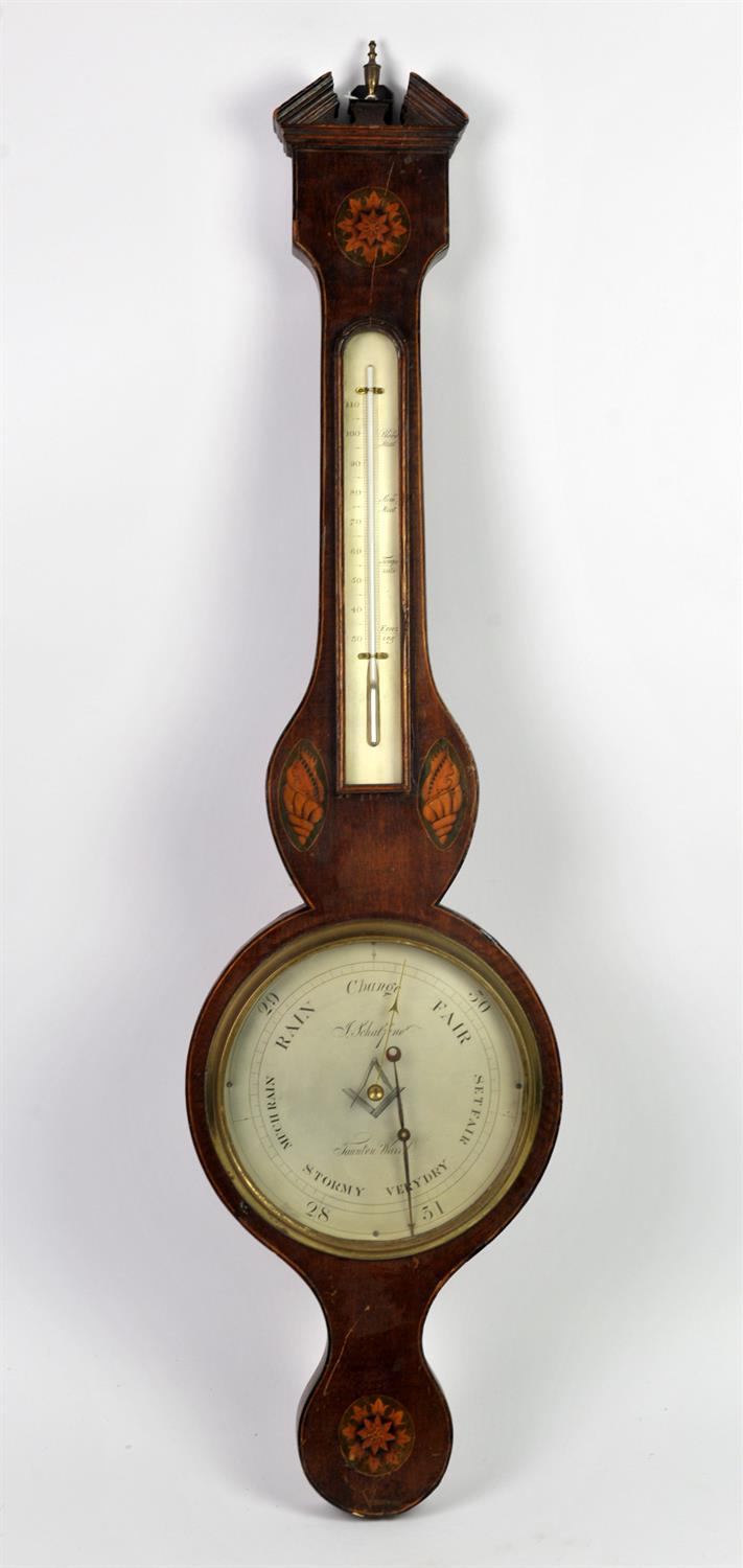 Mahogany and satinwood inlaid barometer, 19th century, by J. Schalfino Taunton Warranted,