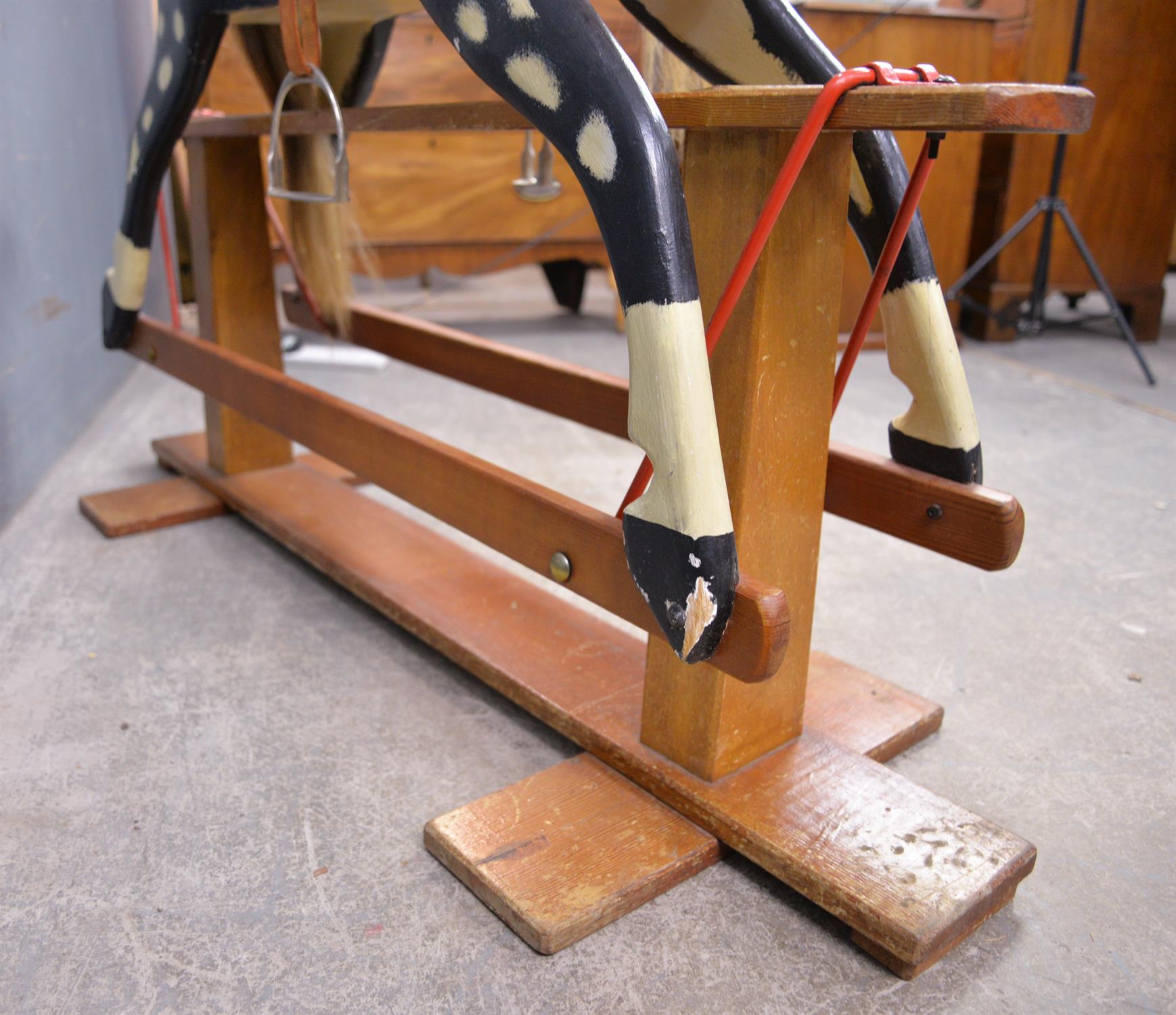 Children's dappled grey rocking horse, 20th Century, with a leather saddle and stirrups, - Image 4 of 5