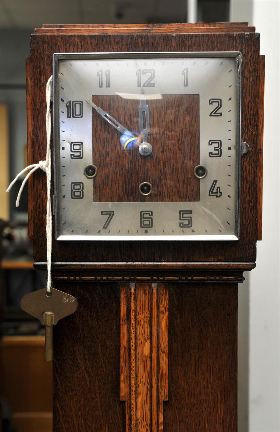 Oak cased Art Deco grandmother clock, the three train movement striking on eight goings H132cm - Image 2 of 2