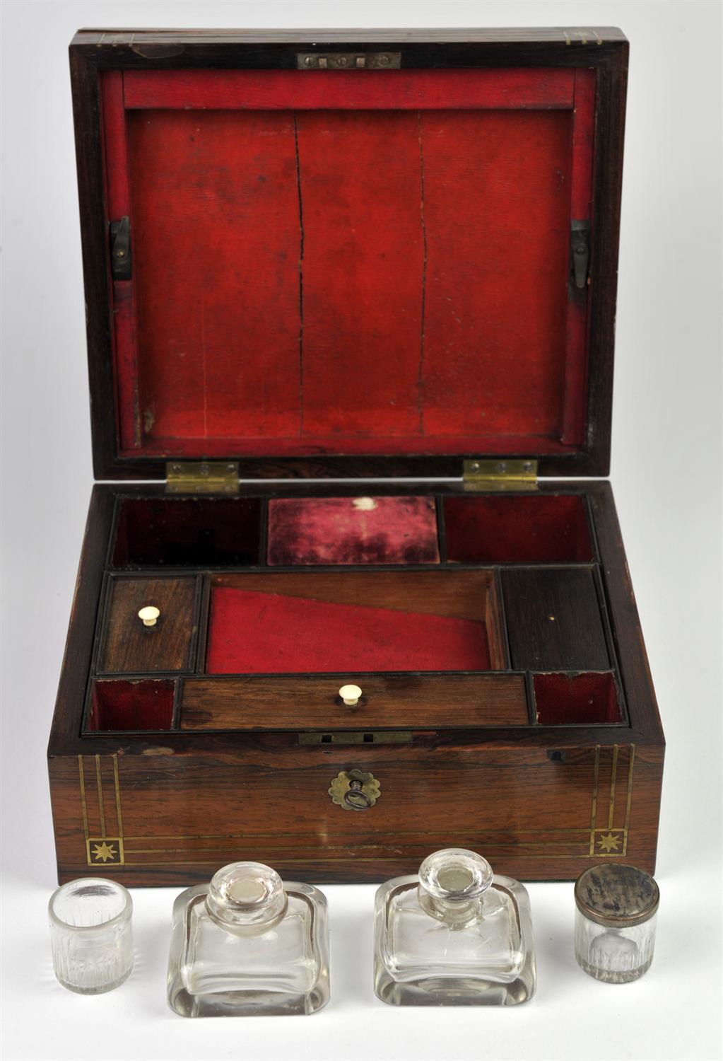 A rosewood and brass inlaid writing box, 19th Century, fitted to the interior with bottles and - Image 3 of 6