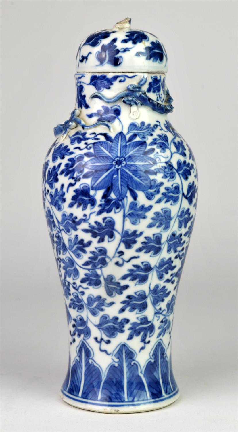 Chinese blue and white vase and cover of baluster form, with applied lizards and flowers and - Image 4 of 9