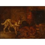 Nineteenth-century English School, domestic interior with dogs by a fire, oil on canvas,