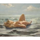 Robin Goodwin (British, 1909-1997), surreal seascape with reclining female nude, oil on canvas,