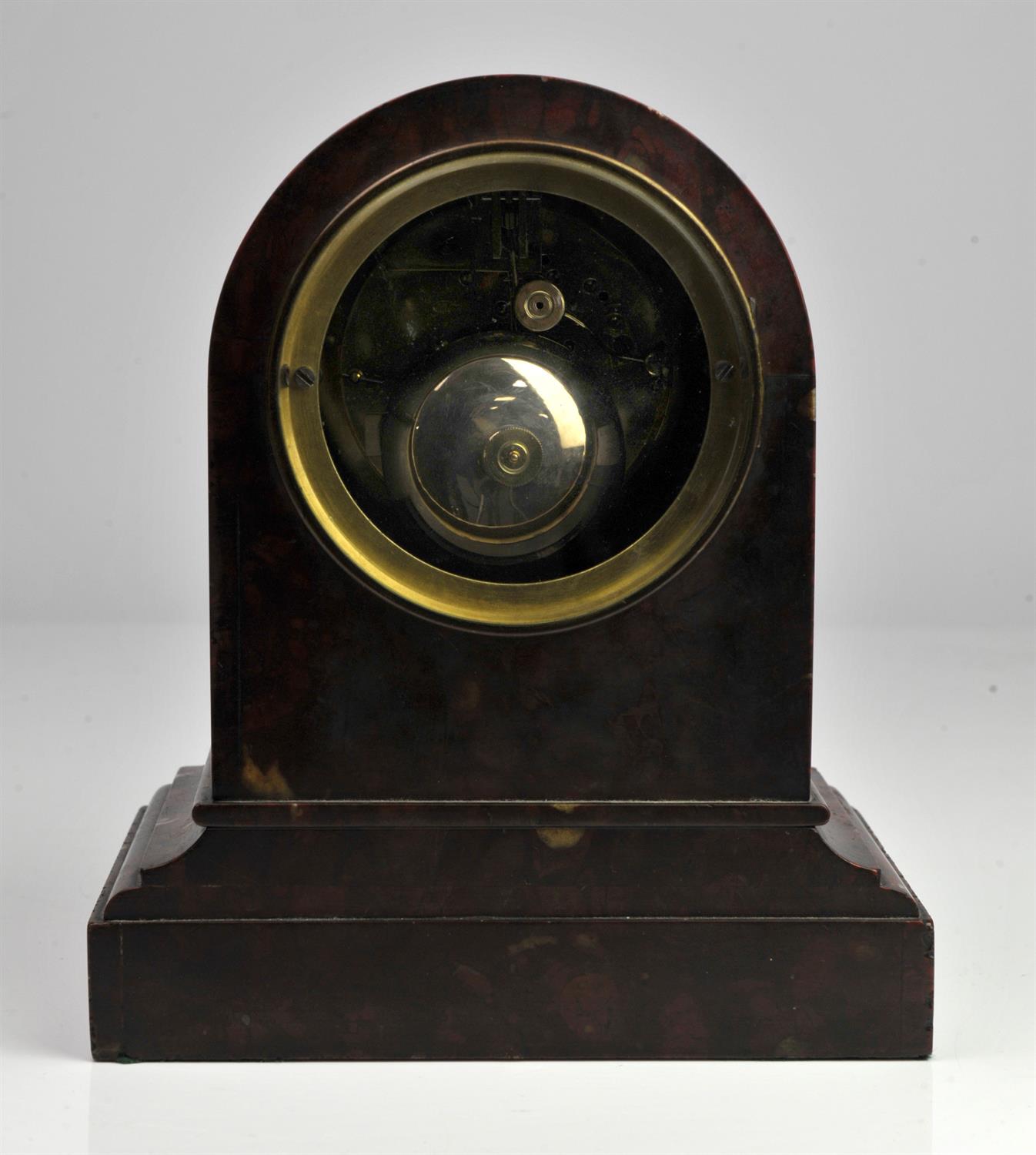 French rouge griotte marble mantel clock, late 19th Century, of arched form, on stepped moulded - Image 5 of 6