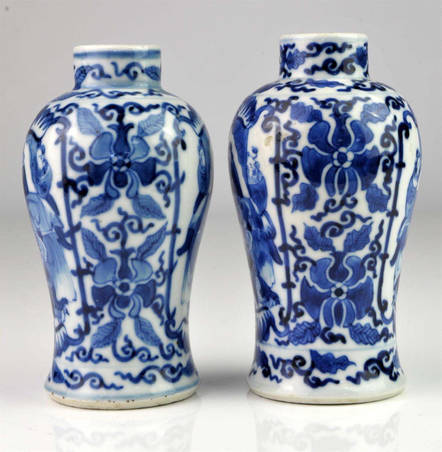 Matched pair of Chinese blue and white vases decorated with two panels of figures framed by - Image 4 of 5