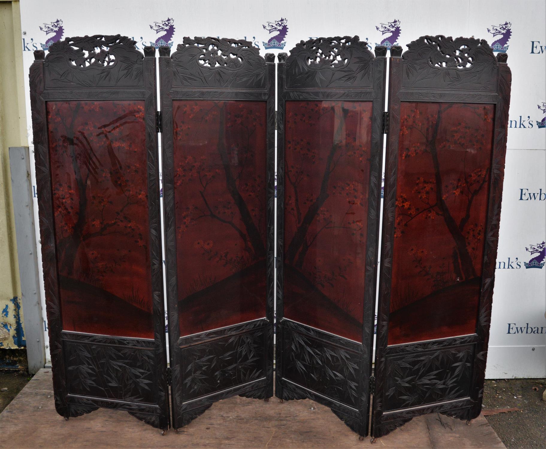 Chinese lacquer and bone and mother of pearl four fold screen, late 19th/early 20th Century, - Image 3 of 3