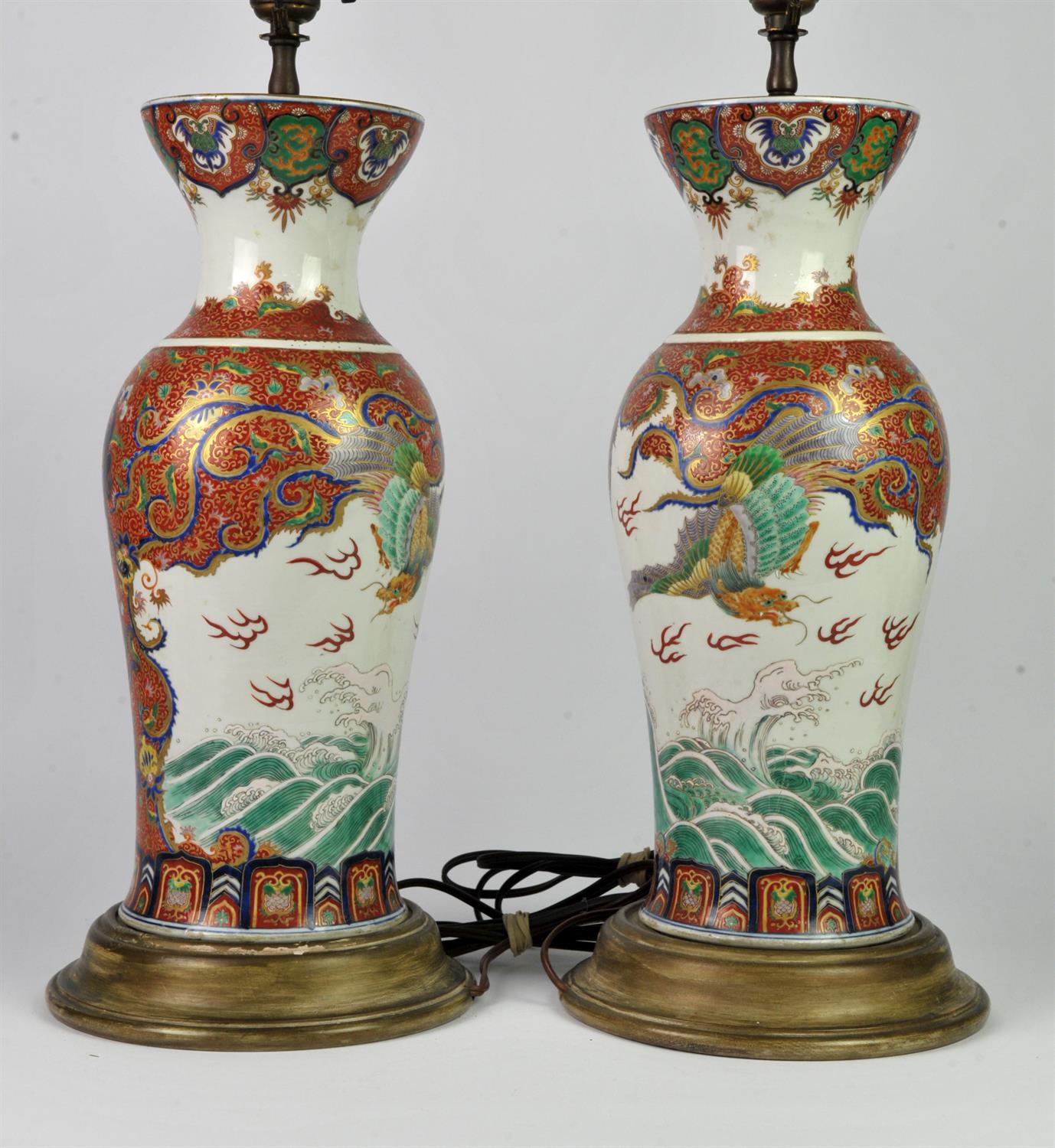 Pair of Chinese vases painted and enamelled with panels of a dragon flying above the ocean and - Image 3 of 3