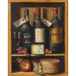 Raymond Campbell (British, b. 1956), still life with wine and cheese, oil on panel,