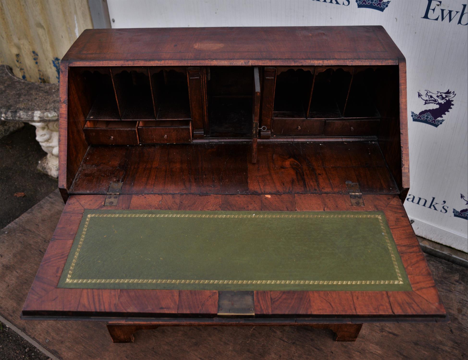 George III walnut bureau, with fall flap enclosing an arrangement of cupboards and pigeon holes, - Image 4 of 4