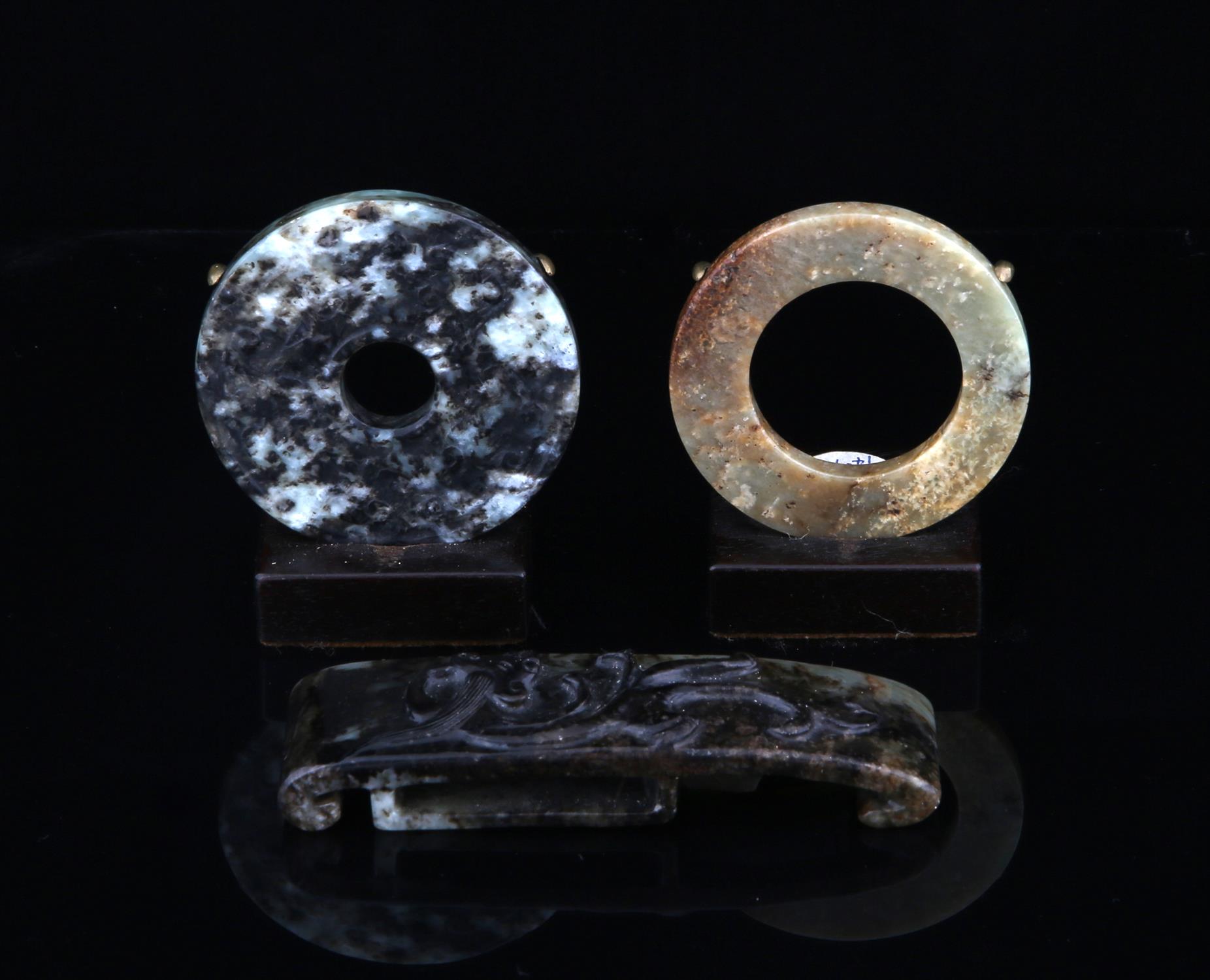 Chinese jade mottled black and grey bi-disc, one side carved with scrolling decoration, - Image 4 of 4