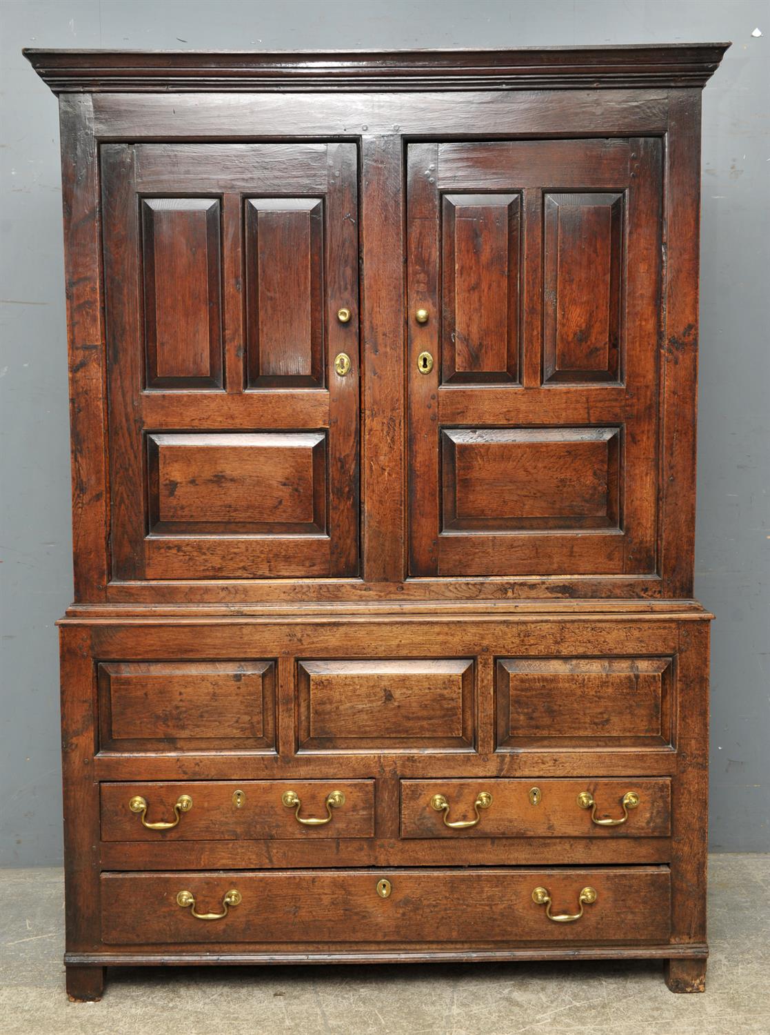 Oak cupboard, 19th Century, with two panelled doors, above two short and one long drawer, - Image 3 of 3