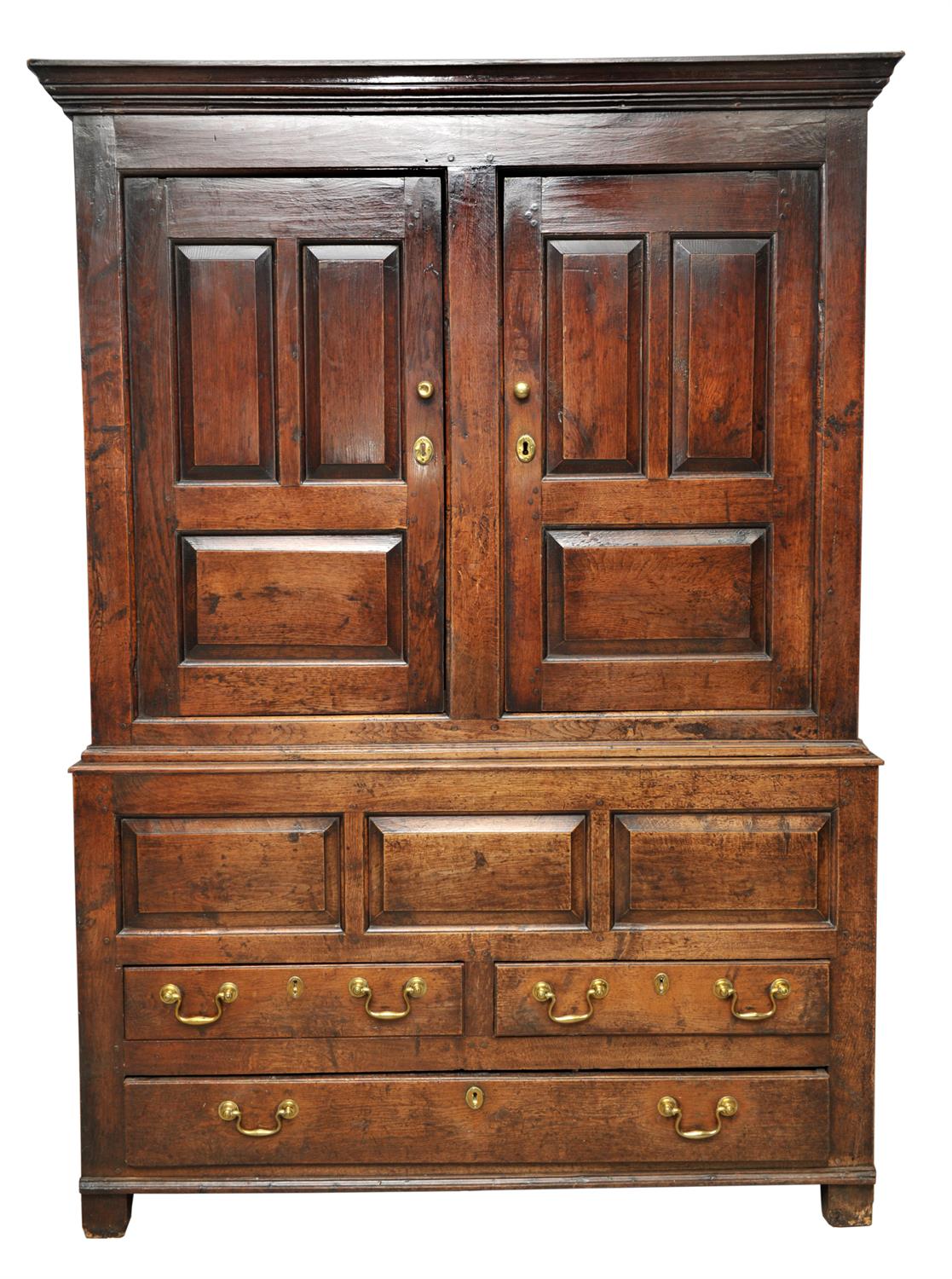 Oak cupboard, 19th Century, with two panelled doors, above two short and one long drawer,