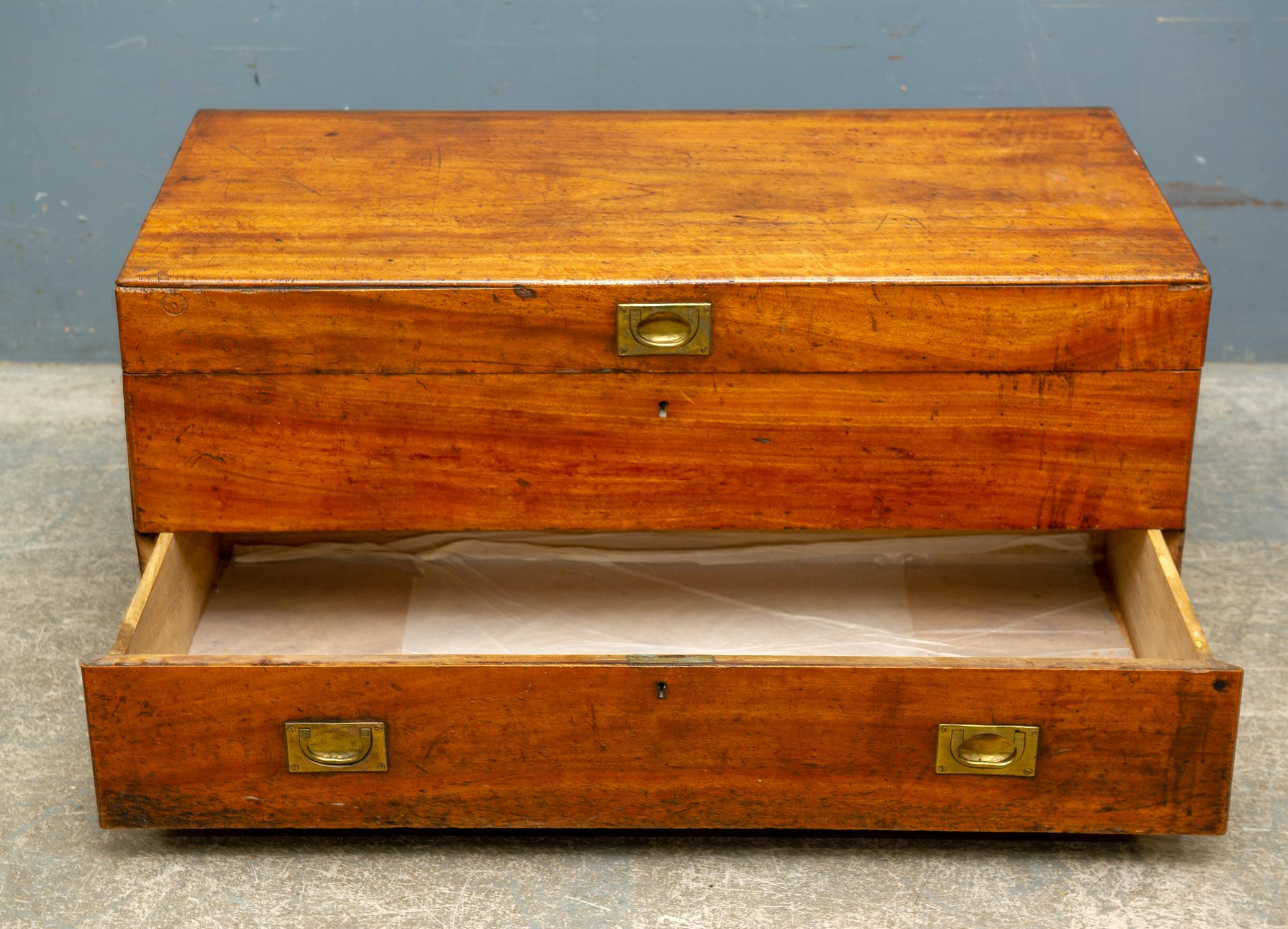 19th century camphorwood campaign chest with lift-out section and single drawer, brass mounts and - Image 3 of 4