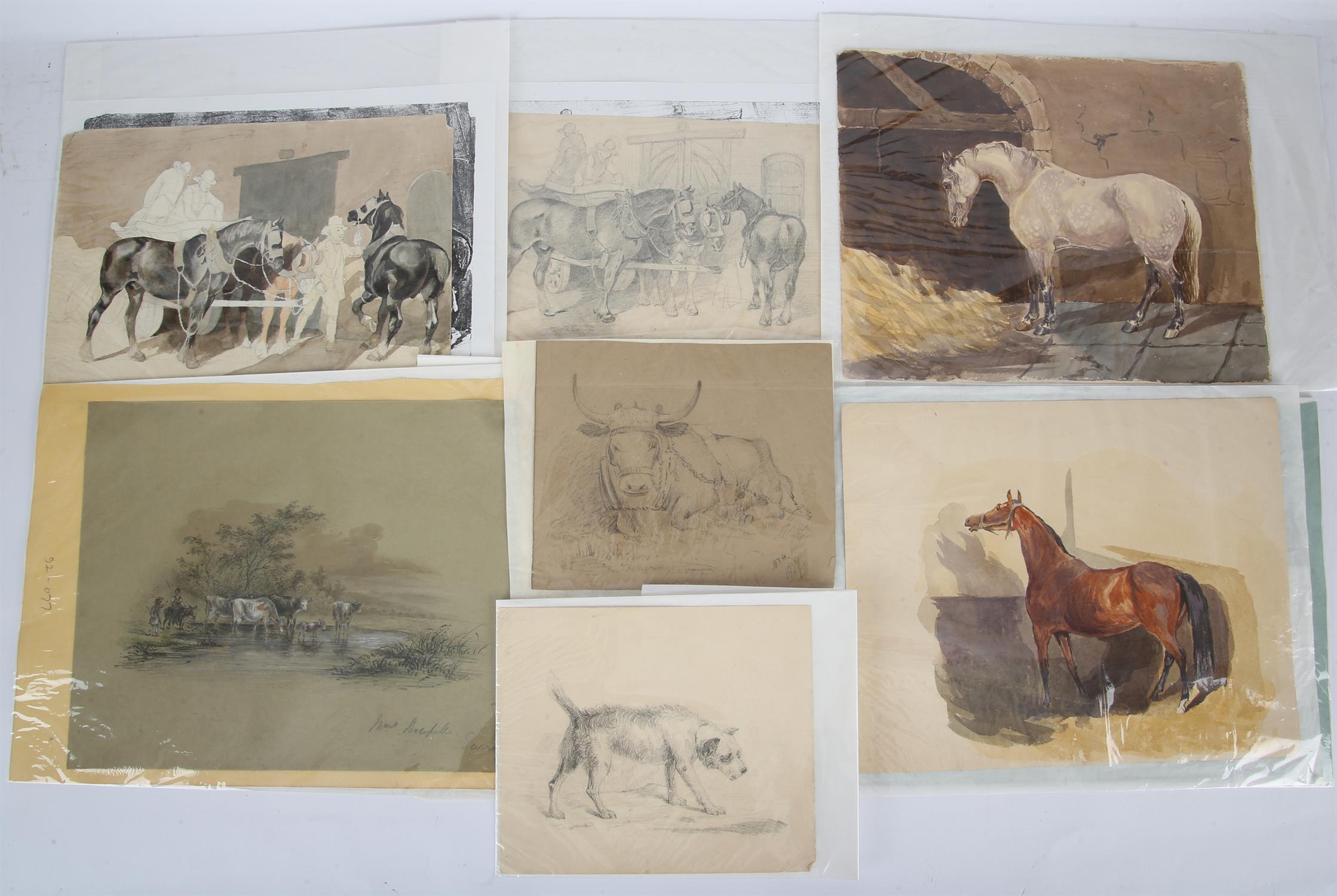 Collection of eight nineteenth-century British School pencil and watercolour drawings,