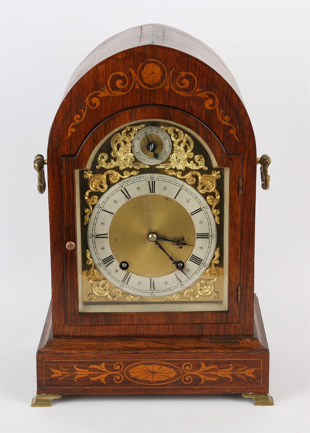 19th century rosewood cased and satinwood inlaid twin train barrel driven mantel clock,