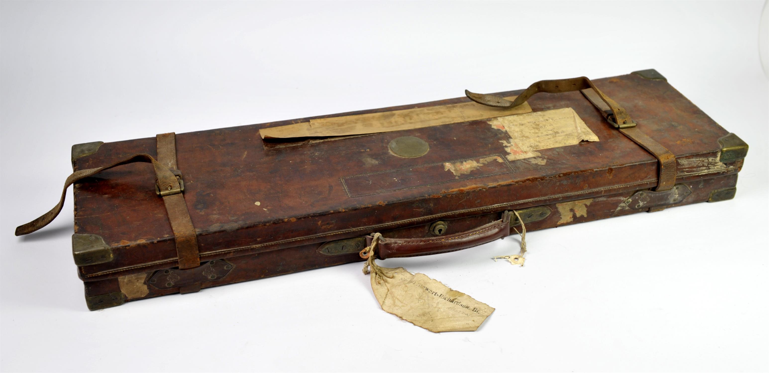 Leather bound oak gun case, with brass corners, the interior of the lid with a paper label for J. - Image 3 of 4