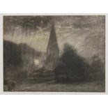 William Hyde (British, 1859-1925), nocturnal landscape with church to foreground, mezzotint,